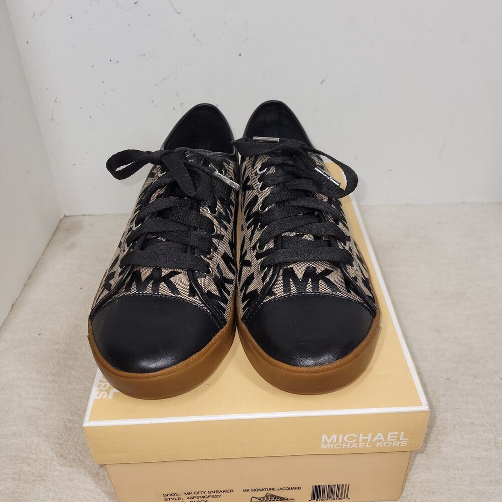 Michael Kors Shoes Size 10 Womens Black Tan MK Signature Logo Lace Up Sneakers - Picture 8 of 16